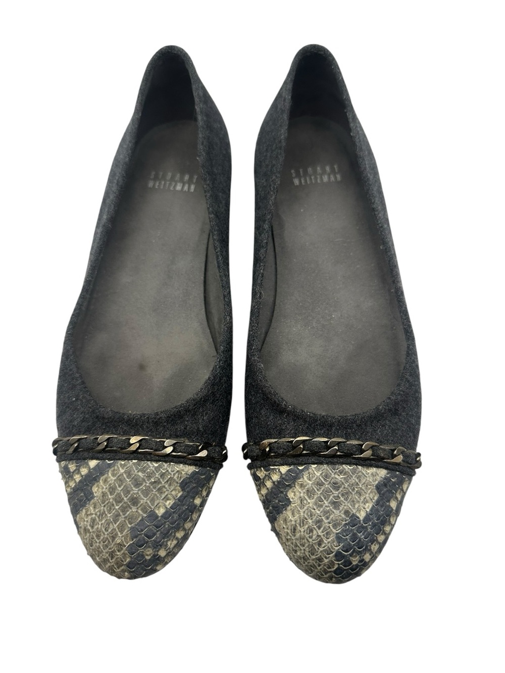 Stuart Weitzman Black & Snake-Print Chain Cap-Toe Flats